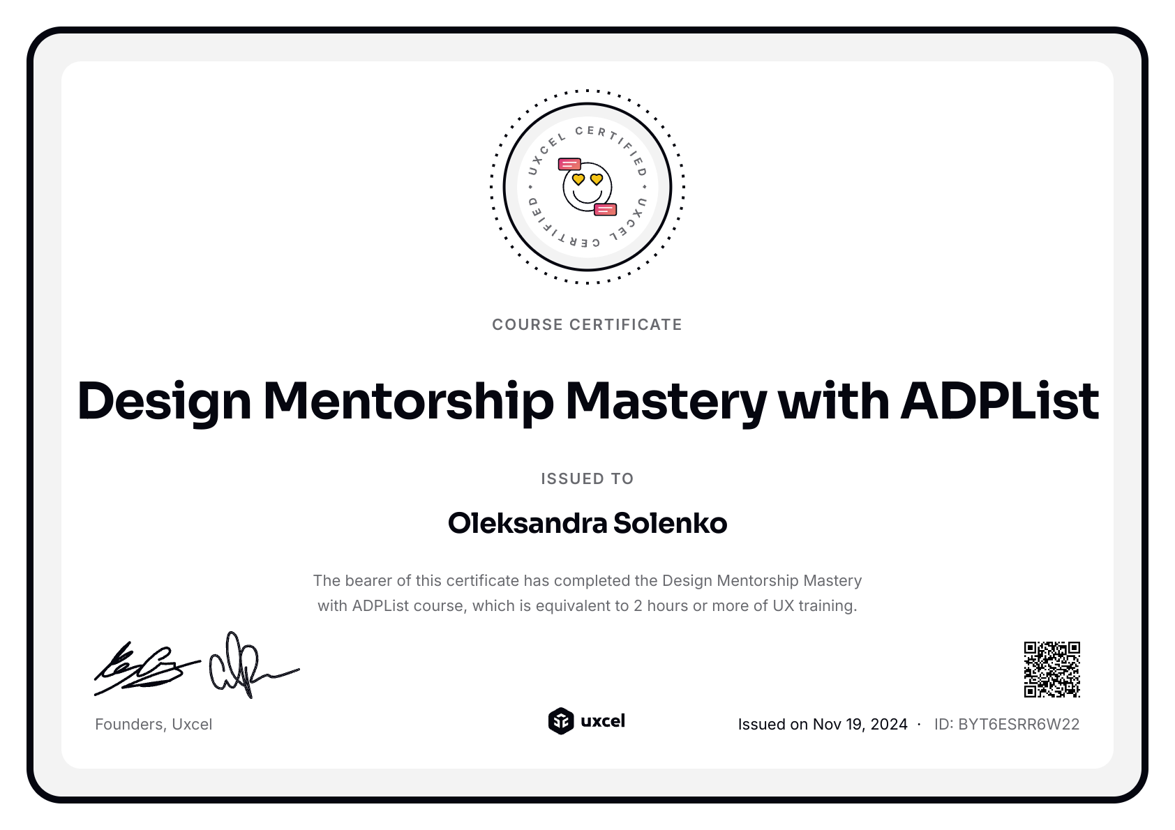 Oleksandra Solenko's certificate